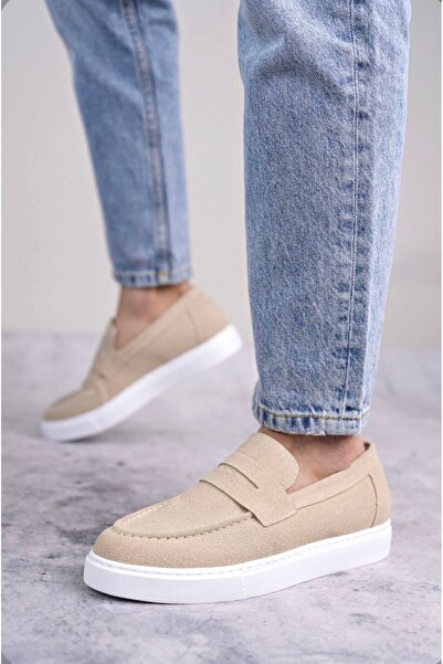 TUGERDİ Cream Suede Belted Laceless Lightweight High Sole Style Men's Shoes T...