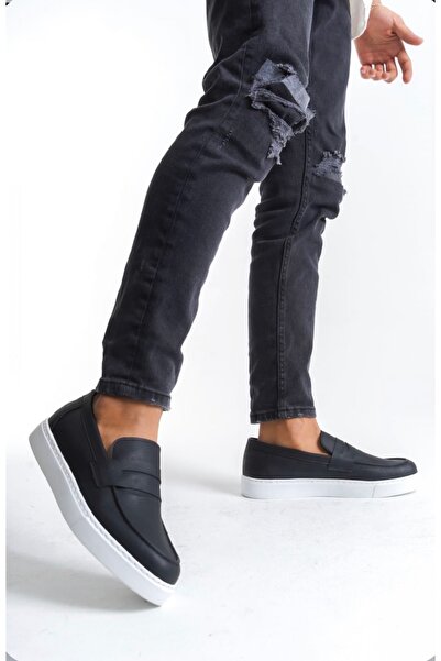 TUGERDİ Black Belted Laceless Lightweight High White Sole Style Men's Shoes T...