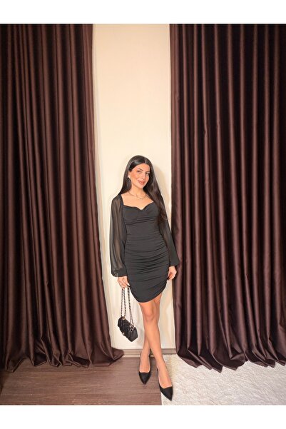 LOISY Women's Long Sleeve Tulle Drape Detail Chiffon Dress