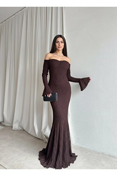 Roserella Tekstil Rosa Acı Kahverengi Uzun Elbise