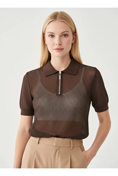 Park Karon Women's Polo Collar Zippered Knitted Detail Knitwear Sweater 12454