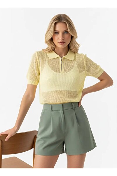 Park Karon Women's Polo Collar Zippered Knitted Detail Knitwear Sweater 12454