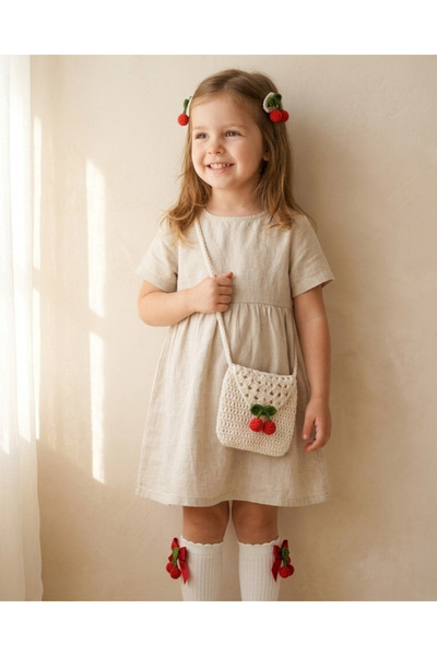 B&ES Acc. El Örgüsü Kirazlı Çanta-Toka ve Çorap Seti