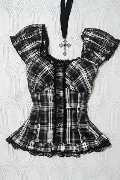 ARS Butik Negru Alb ecosez piese Vintage dantelă piese decolteu pătrat cu mân...