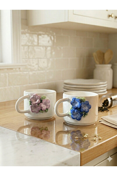 Bark Seramik Çiçekli 2’li Kupa Seti