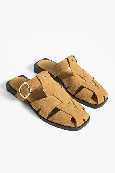 DUXAL SHOES Fabian Women's Camel Suede Caged Sandals Slipper Buckle Detail