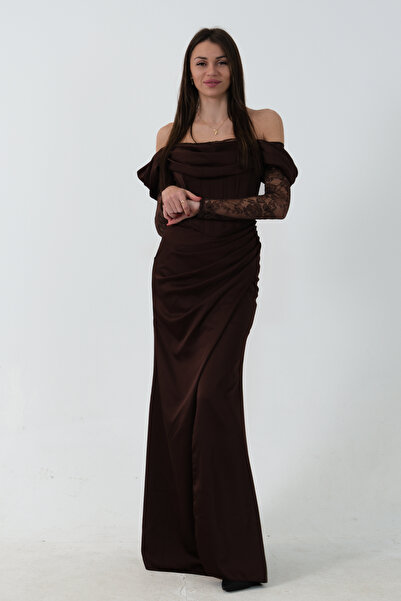 Feminist Düşük Omuz Dantel Kolu Korsajlı Abiye Kahve 9705830