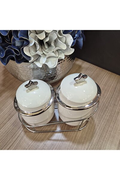 ERVA Felix 3 Parça Porselen Gümüş Kavanoz Seti