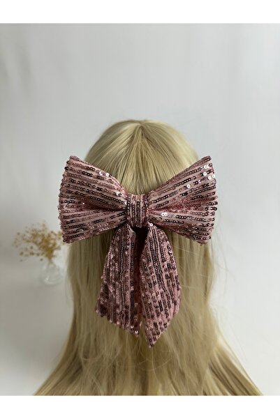 MegssStore مشبك أوتوماتيكي بفيونكة مزينة بالترتر باللون الوردي الفاتح