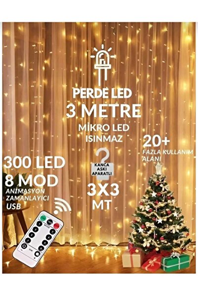 YASİMA 300 Ledli 10 Sarkıtlı Uzaktan Kumandalı 8 Fonk Sarı Perde Led 3x3m Ask...