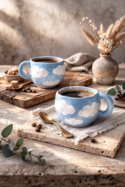 Anadolu Saray 2Pcs Handmade Ceramic Cloud Patterned Blue Large Size Mug |   C...