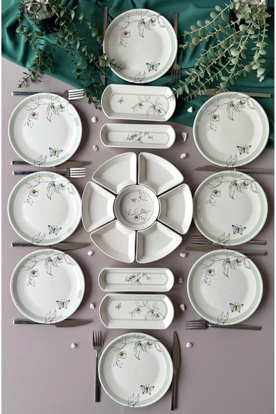 QUEEN Nazende Model Rölyefli 8 Kişilik 19 Parça Modern Kahvaltı-Brunch Takımı