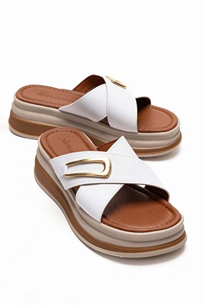 CCWAY AYAKKABI Women's Cross Buckled Slipper White