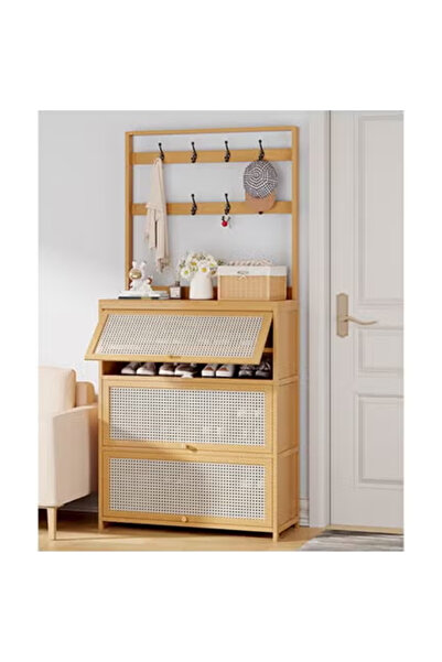 KEKE Solid Wood Flip Door Shoe Rack Cabinet with Hanger – 100×32×188 cm