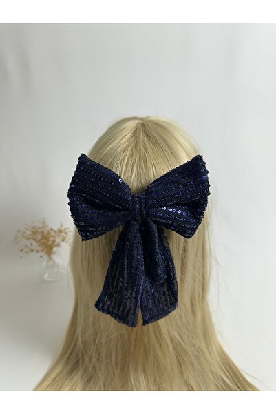 MegssStore مشبك أوتوماتيكي بفيونكة مزينة بالترتر باللون الأزرق الداكن