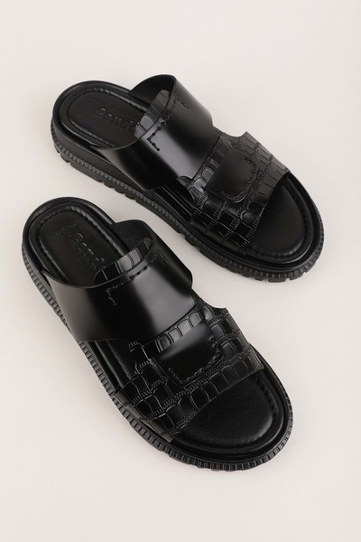 Gondol حذاء رجالي جلد أصلي يومي مريح شبشب hkm.195 أسود