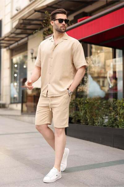 Madmext Beige 100% Cotton Piece Men's Shorts and Shirt Set E7360
