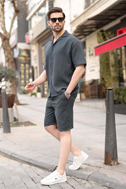 Madmext Smoked 100% Cotton Piece Men's Shorts and Shirt Set E7360