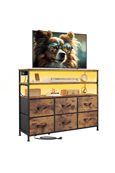KEKE Six-Drawer Double Open Shelf Storage Cabinet – Brown, 47×39.65 inches