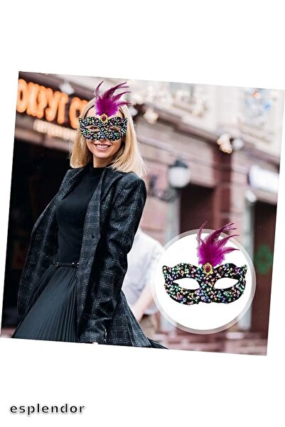 esplendor قناع الحفلات باللون الوردي مع الترتر الملون باللون الأسود المخملي