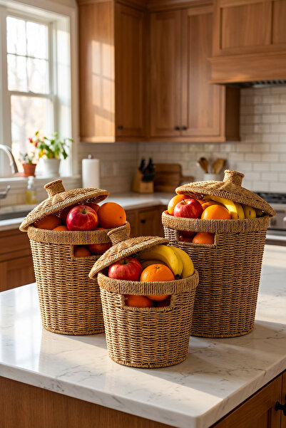 Homekolik 3'lü Rattan Hasır Patates Soğan Sepeti Kapaklı Sebzelik Seti Mutfak...