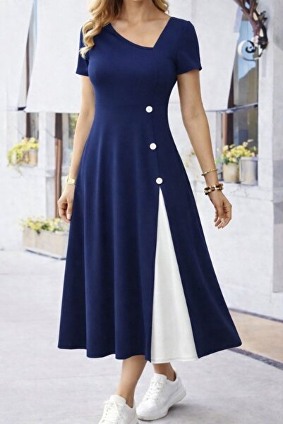 civetta Women's Short Sleeve Asymmetrical Collar Button Detailed Midi Viscose...