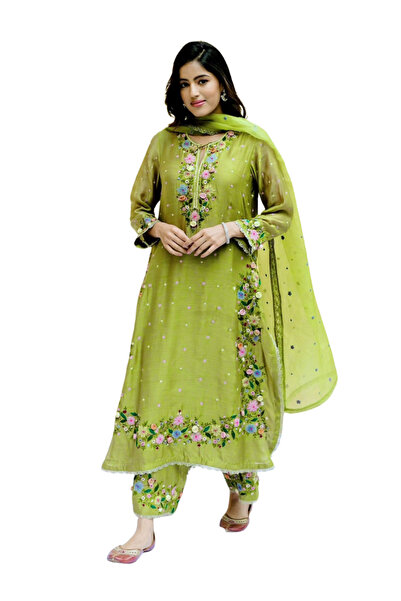 MYSMAR طقم أخضر من قماش الجورجيت الصناعي (بلوزة وبنطال وشال) - HRT6214 | أخضر