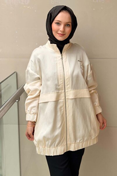 Nuss Dik Yaka Baget Taş Detaylı Fermuarlı Kap