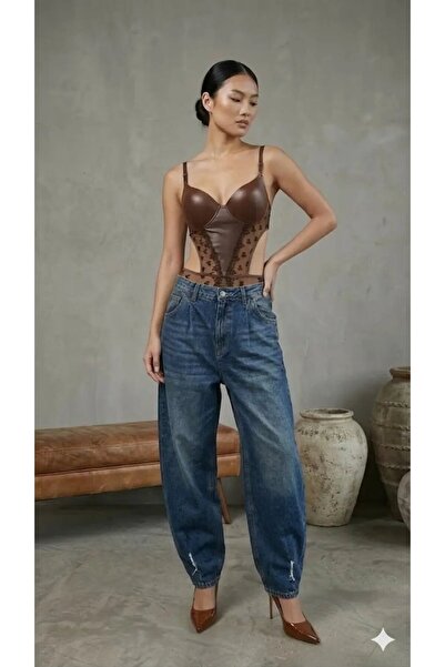 Cool & Sexy Женски боди с дантела, в цвят кафе, от прозрачна кожа, с копчета