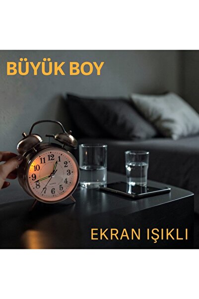 UpWay Retro Tarz Bakır Masa Saati – Büyük Boy Çanlı Tokmaklı Işıklı Metal Kasalı