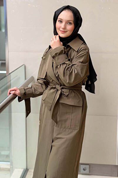 Nuss Kruvaze Yaka Cep Ve Fernuar Detaylı Önü Açık Kuşaklı Kap