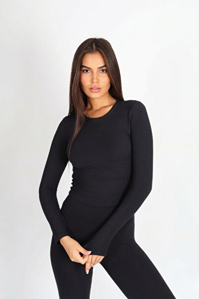 soft&basic Body de damă cu mânecă lungă cu imprimeu guler rotund negru
