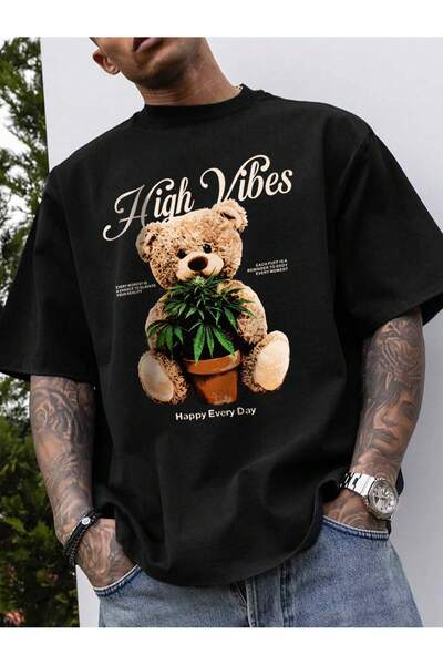 PENTHİLUS Men's Bear and Slogan Printed Short Sleeve T-Shirt