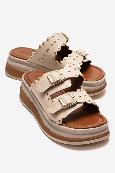 CCWAY AYAKKABI دبابيس نسائية مزدوجة بإبزيم شبشب بيج