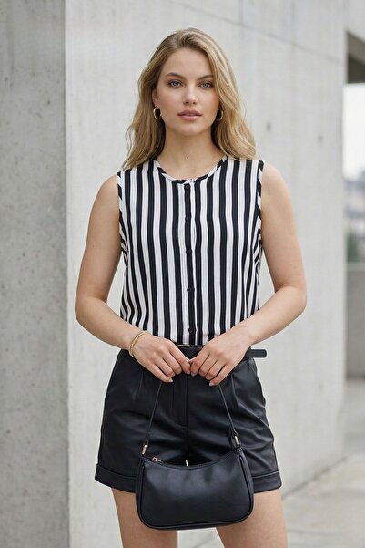 Lupinn Γυναικεία μαύρη και λευκή μπλούζα Ριγέ με κουμπιά, άνετη εφαρμογή, που...