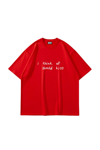 Sekizbiraltı We Should Kiss Printed Oversized Unisex Red Tshirt