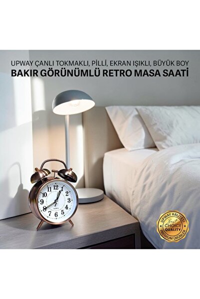 UpWay Retro Tarz Bakır Masa Saati – Büyük Boy Çanlı Tokmaklı Işıklı Metal Kasalı