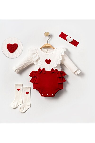 LennaBaby Baby Girl Heart Embroidered Ruffle Romper Set 100% Cotton Long Slee...
