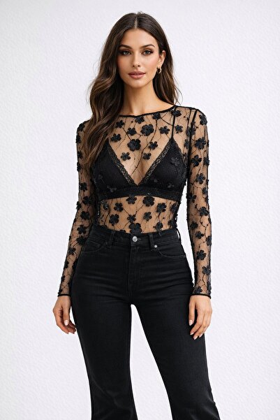 CARLA MARA transparent Bluză cu aplicații florale