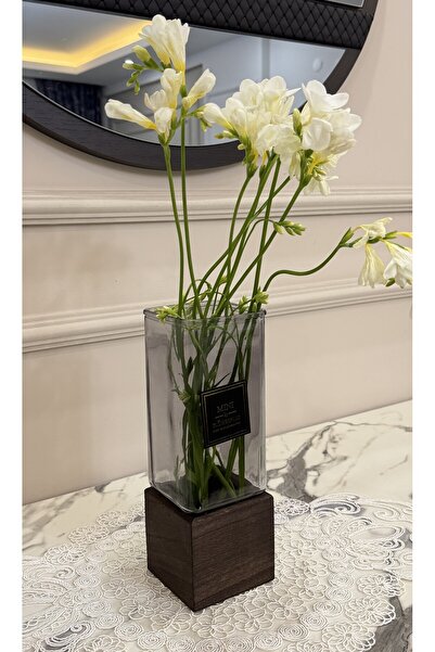 AslanExpress AHŞAP AYAKLI CAM VAZO - KOYU RENK CAM - DİKDÖRTGEN