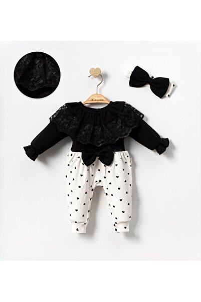 LennaBaby Baby Girl Lace Piece Bow Romper with Heart Patterned Black Ecru Bab...