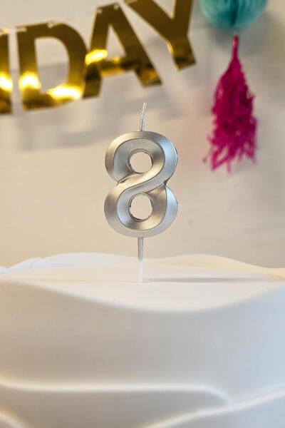 PEKSHOP 8 Yaş Gümüş Mum Rakam Pasta Mumu Yaş Mum Gümüş Renk