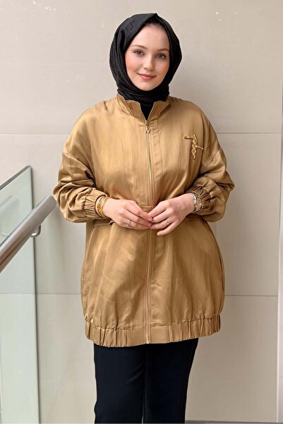 Nuss Dik Yaka Baget Taş Detaylı Fermuarlı Kap