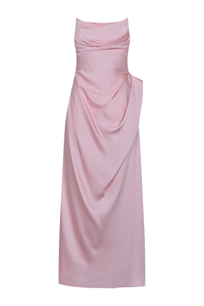 cercis Straplez Drape Detaylı Uzun Abiye Elbise