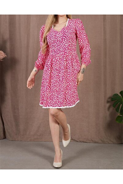 ZY BUTİK Pink Ruffle Detail Sweetheart Neckline Long Sleeves Floral Print Vis...