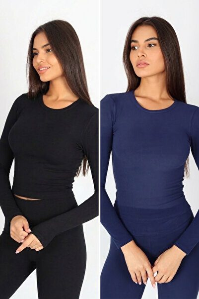 soft&basic Women's 2-Piece Long Sleeve Printed Crew Neck Black-Navy Blue Unde...