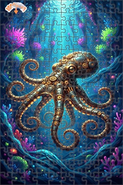 Esranın Dünyası Mechanical Octopus Steampunk Art Double-Layer Framed Wooden P...