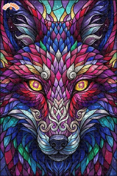 Esranın Dünyası Mysterious Wolf Glass Mosaic Look Wooden Puzzle with Double-L...