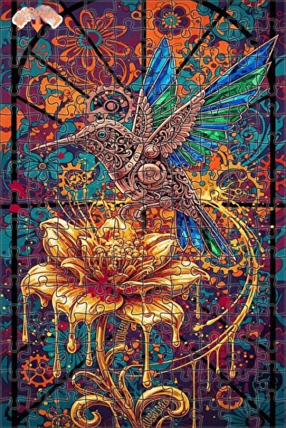 Esranın Dünyası Mechanical Hummingbird and Golden Flower Oil Painting Double-...