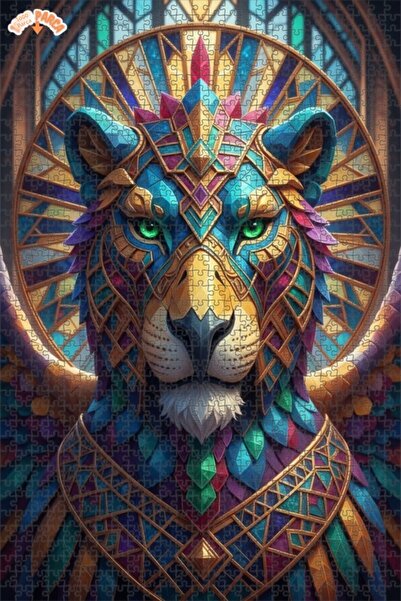 Esranın Dünyası Emerald-Eyed Winged Lion Sphinx Art Double-Layer Framed Woode...